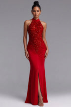 Red Stretch Jersey Mermaid Evening Gown Flowering Girl