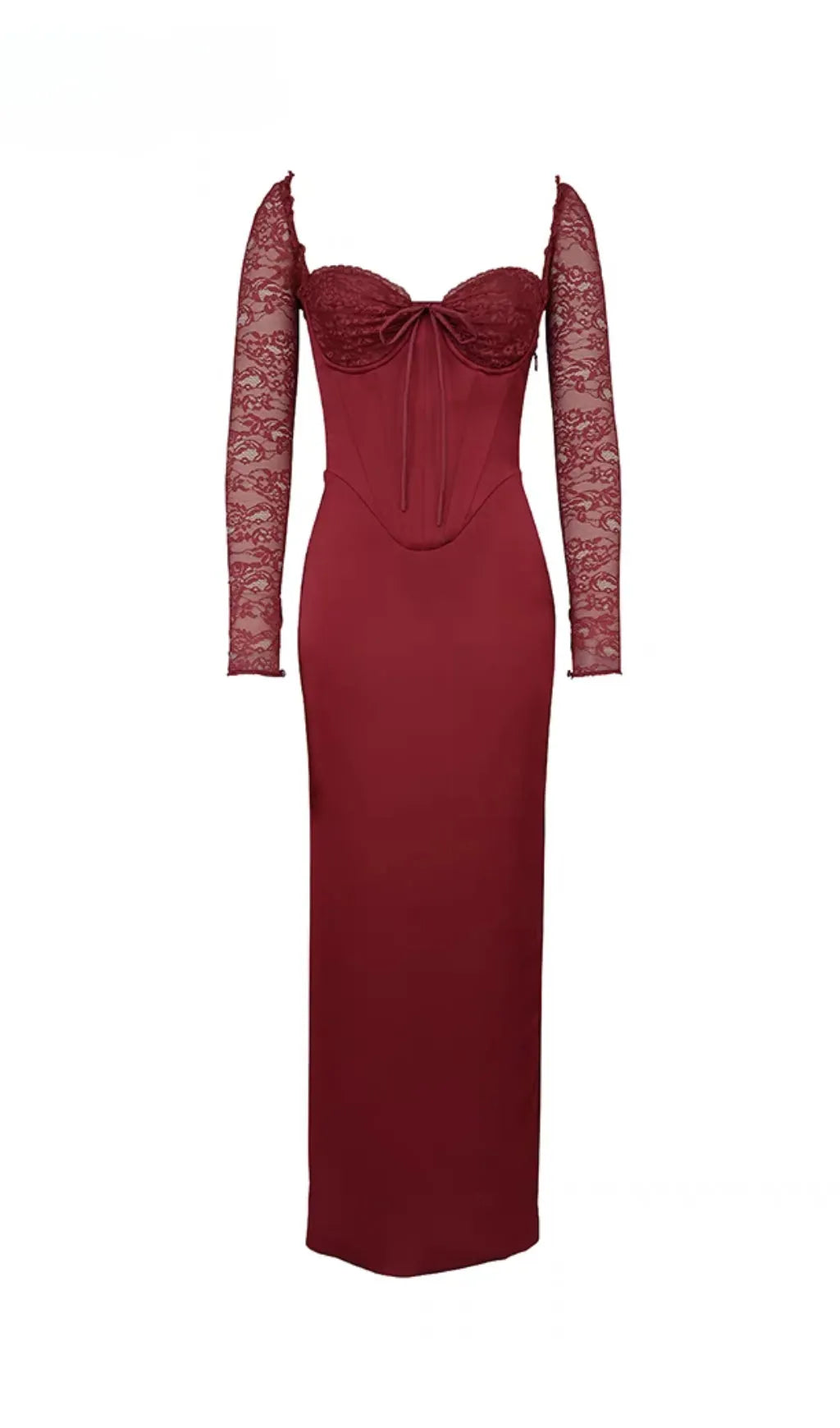satin corset maxi dress in burgundy Flowering Girl