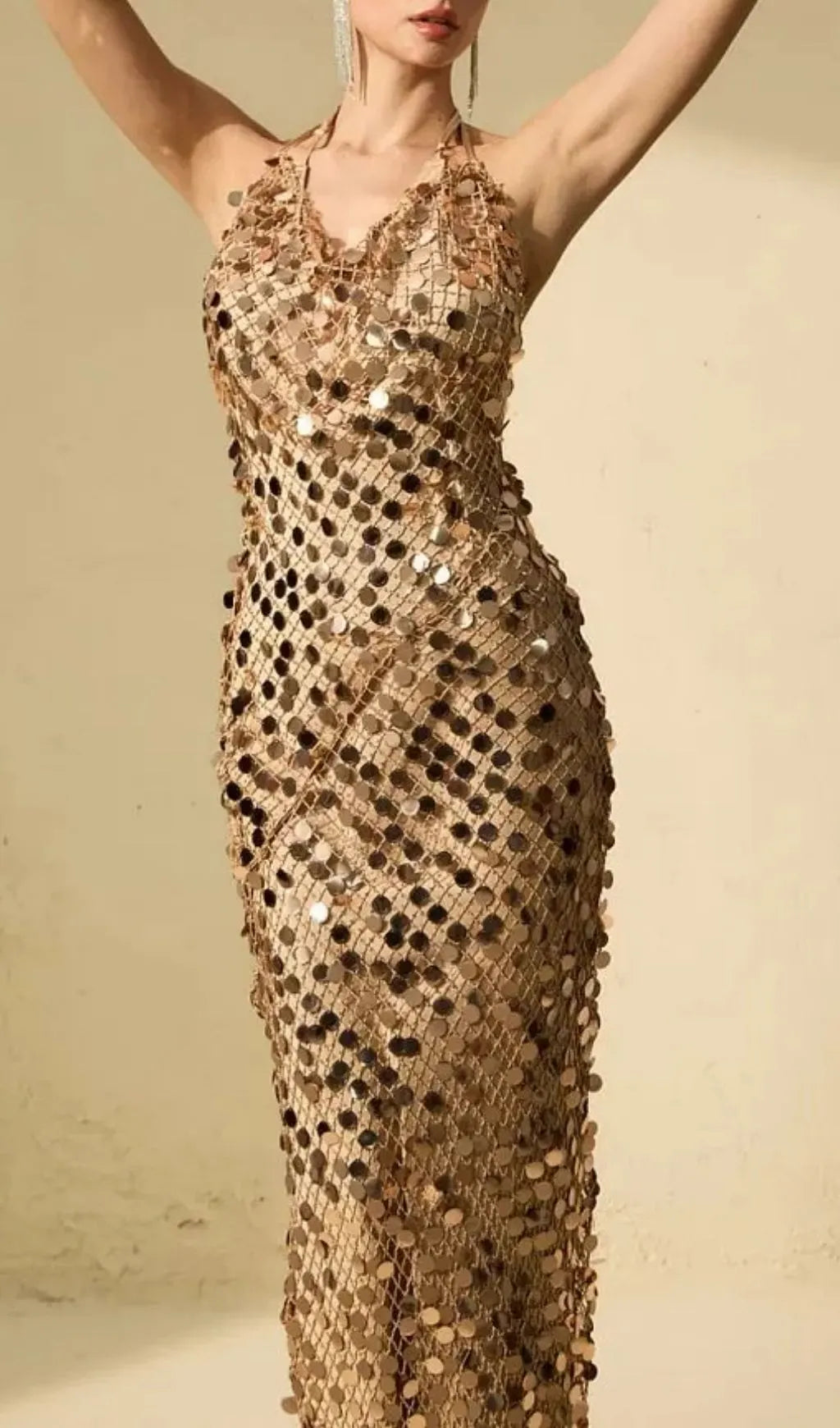 Jennifer Gold Sequin Fishnet Backless Maxi Dress Flowering Girl