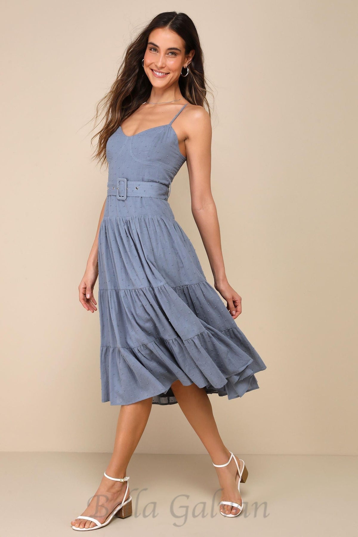 slate blue swiss dot bustier tiered midi dress Flowering Girl