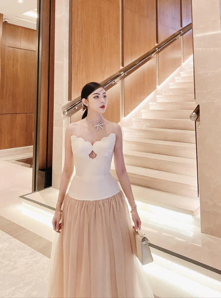 Two-Tone Hollow Tube Top Tulle Midi Dress Flowering Girl
