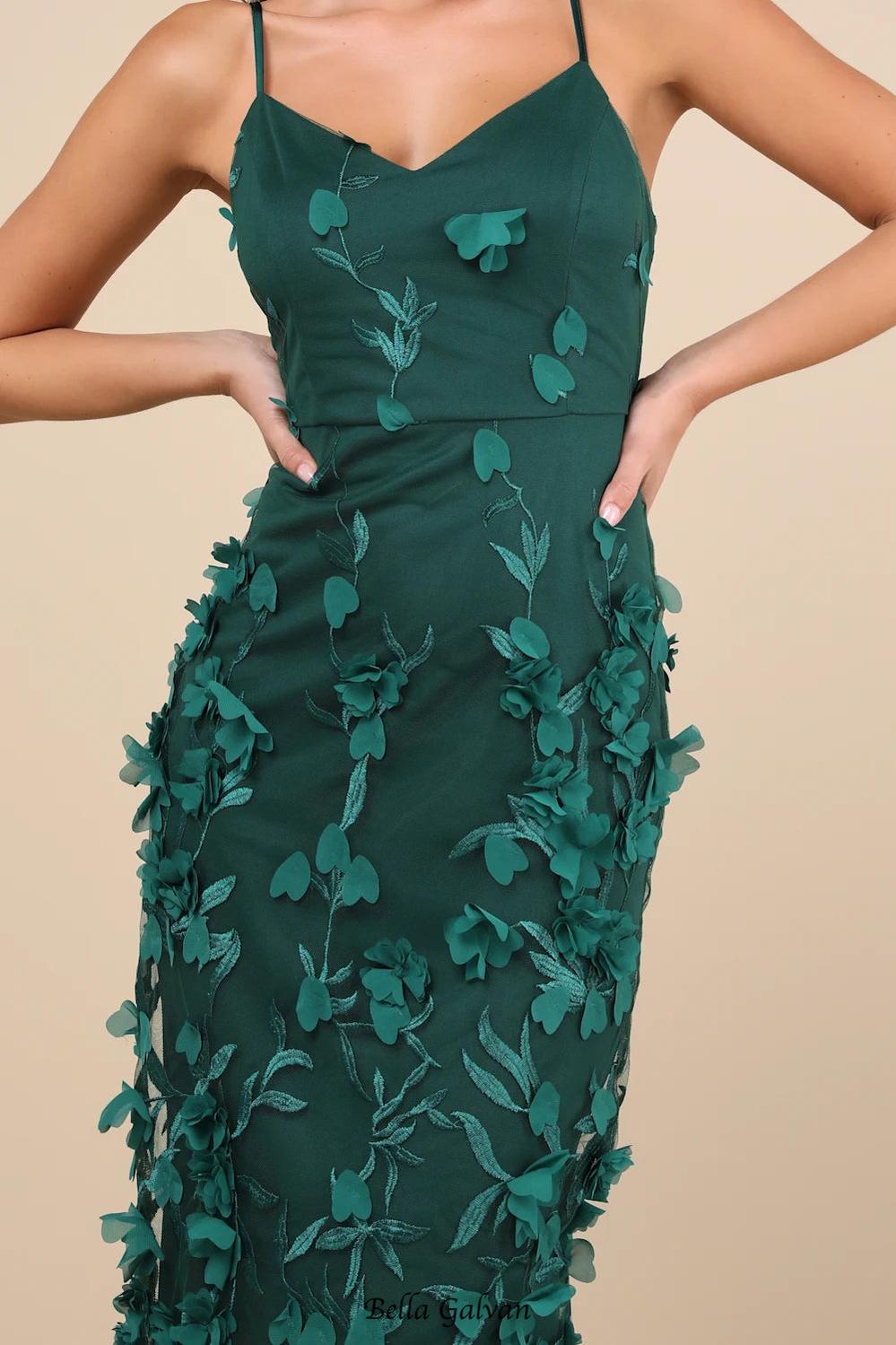 Emerald 3D Floral Embroidered Midi Dress Flowering Girl
