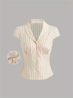 Pleated Striped Buttoned Short Sleeve Shirt Flowering Girl