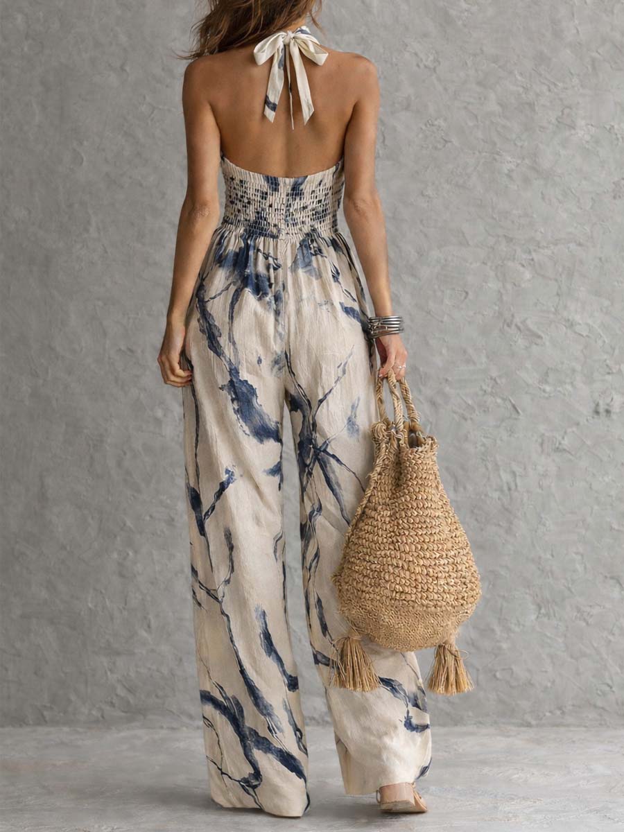 Halter Neck Ink Wash Print Wide Leg Jumpsuit With Pockets Flowering Girl