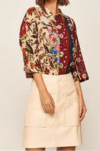 Multicolor Folk Floral Print Three-Quarter Sleeve Button-Down Shirt Flowering Girl