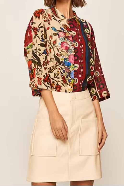 Multicolor Folk Floral Print Three-Quarter Sleeve Button-Down Shirt Flowering Girl