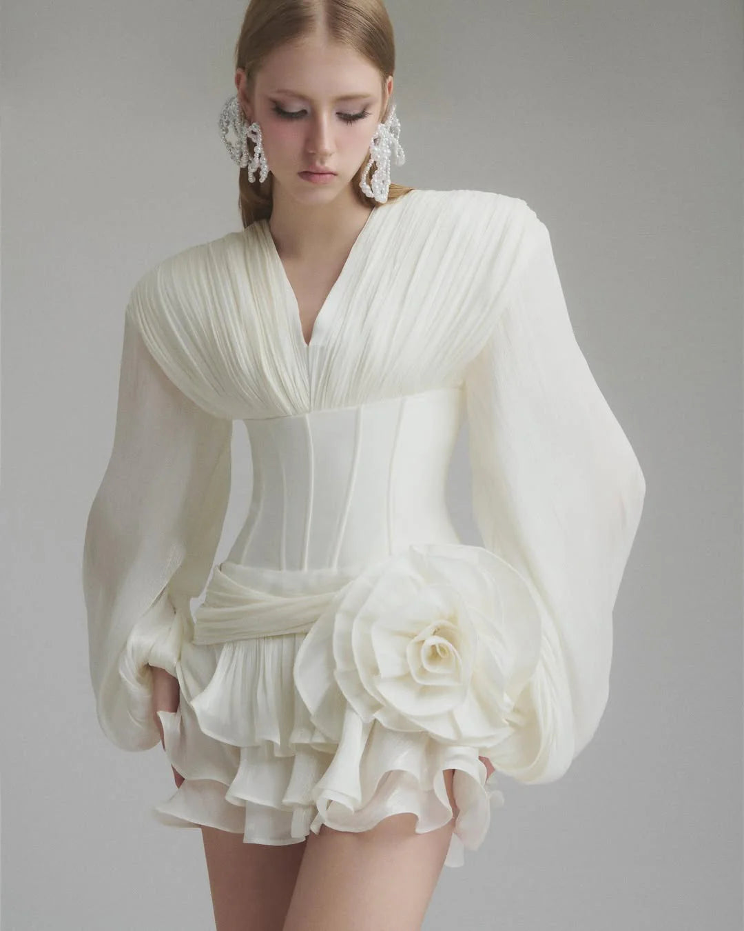 wallis 3d flower ruffle trim mini dress in white Flowering Girl