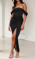 Strapless Satin Midi Dress In Black Flowering Girl