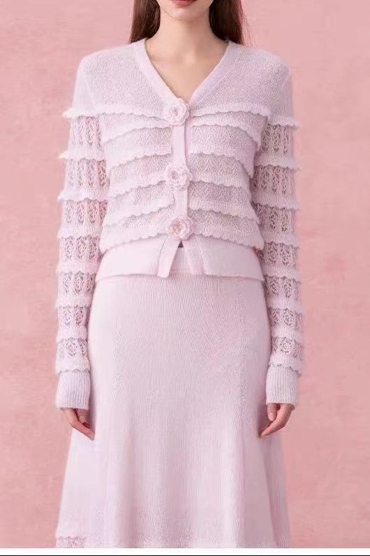 Light Pink Lightweight Fitted, Cropped Cardigan Flowering Girl