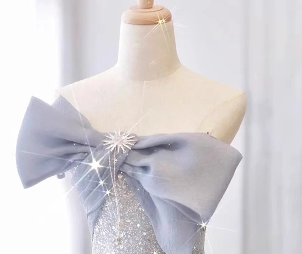 Silver-Blue Glitter Tulle A-Line Evening Gown Flowering Girl
