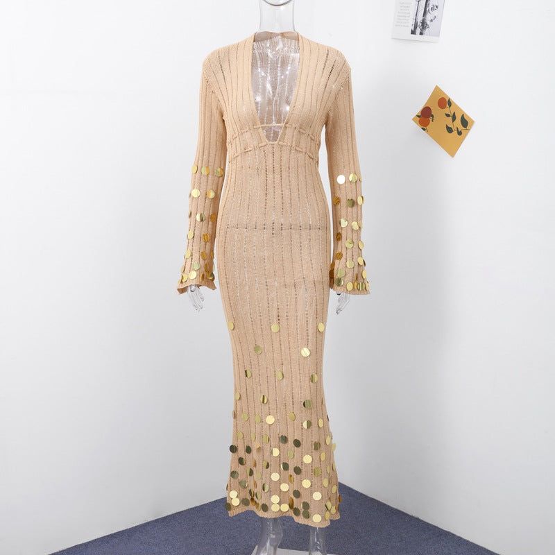 Elma Golden Aura v-Neck Knitted Maxi Dress Flowering Girl