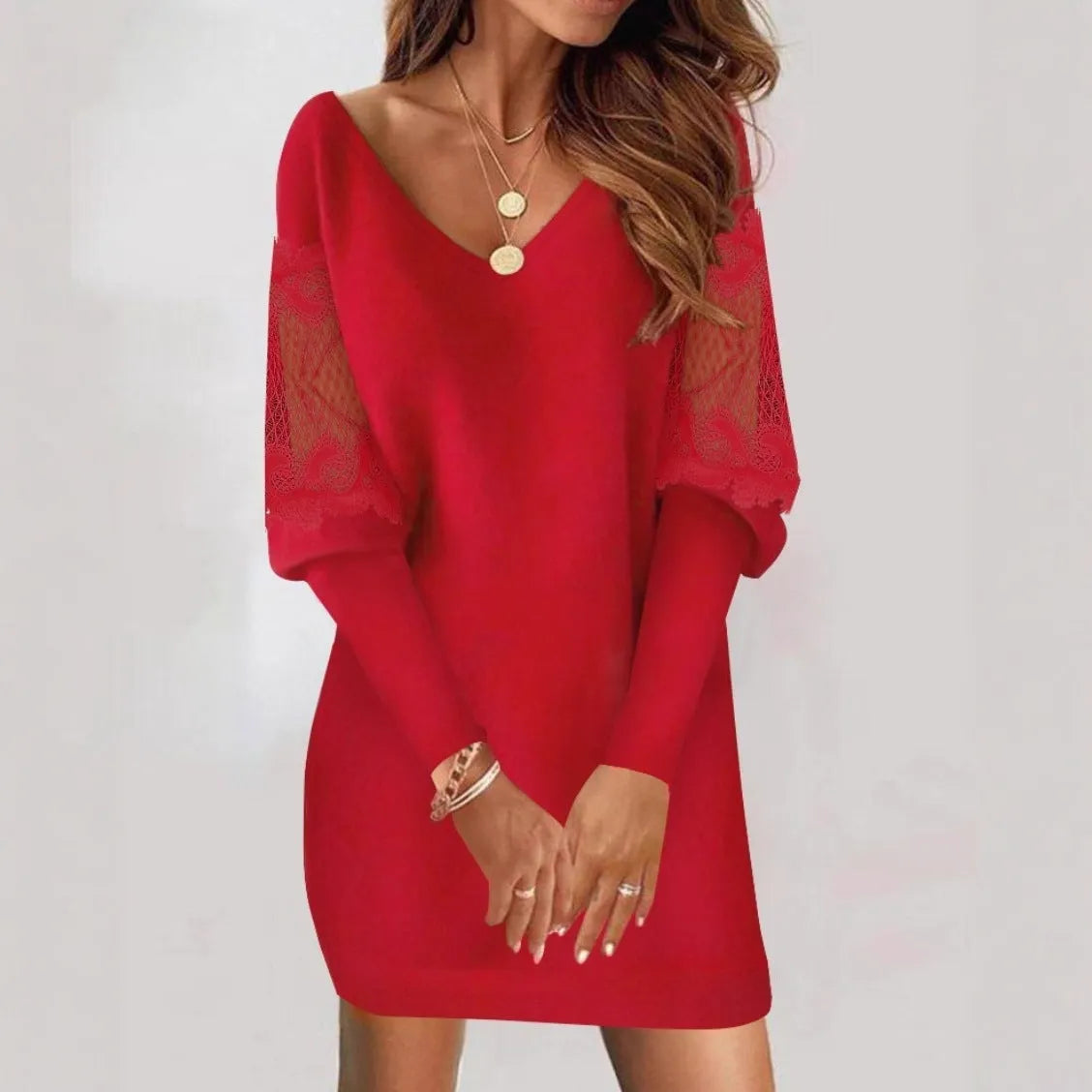 Women's V-Neck Long-Sleeved Printed Lace Patchwork Dress Flowering Girl