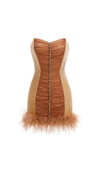 Kazuhito Strapless Diamante Ruched Feather Mini Dress Flowering Girl