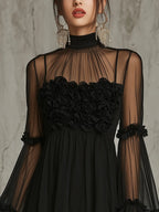 Black Sheer Floral Appliqué High Neck Pleated Chiffon Mini Dress Flowering Girl