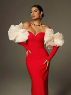 sarah Off Shoulder Flower Bandage Maxi Dress In Red Flowering Girl