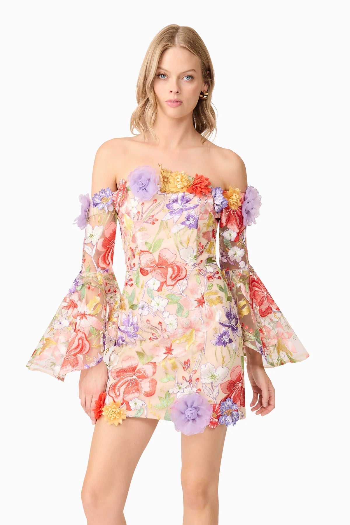 Tabitha Multicolor Off Shoulder Mini Dress In Floral Flowering Girl