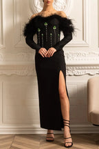 Lara Sequin High Slit Feather Adorned Maxi Dress - Black Flowering Girl