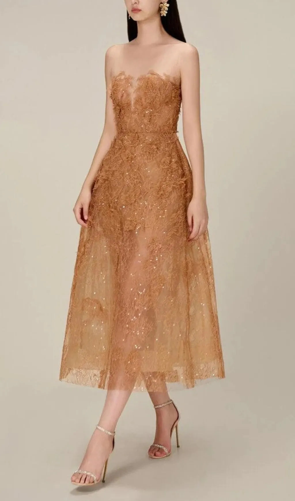 Allyson Caramel Floral Lace Embroider Midi Dress