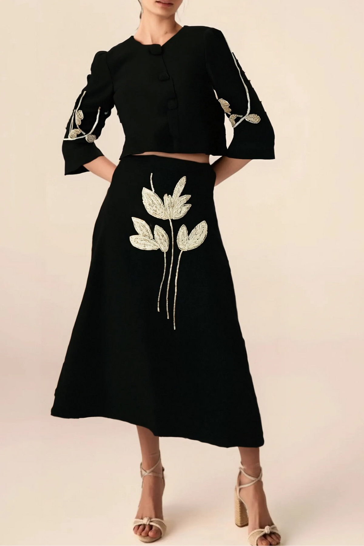 Pauline Black Floral-Appliqué Jacket & Skirt Matching Set Flowering Girl