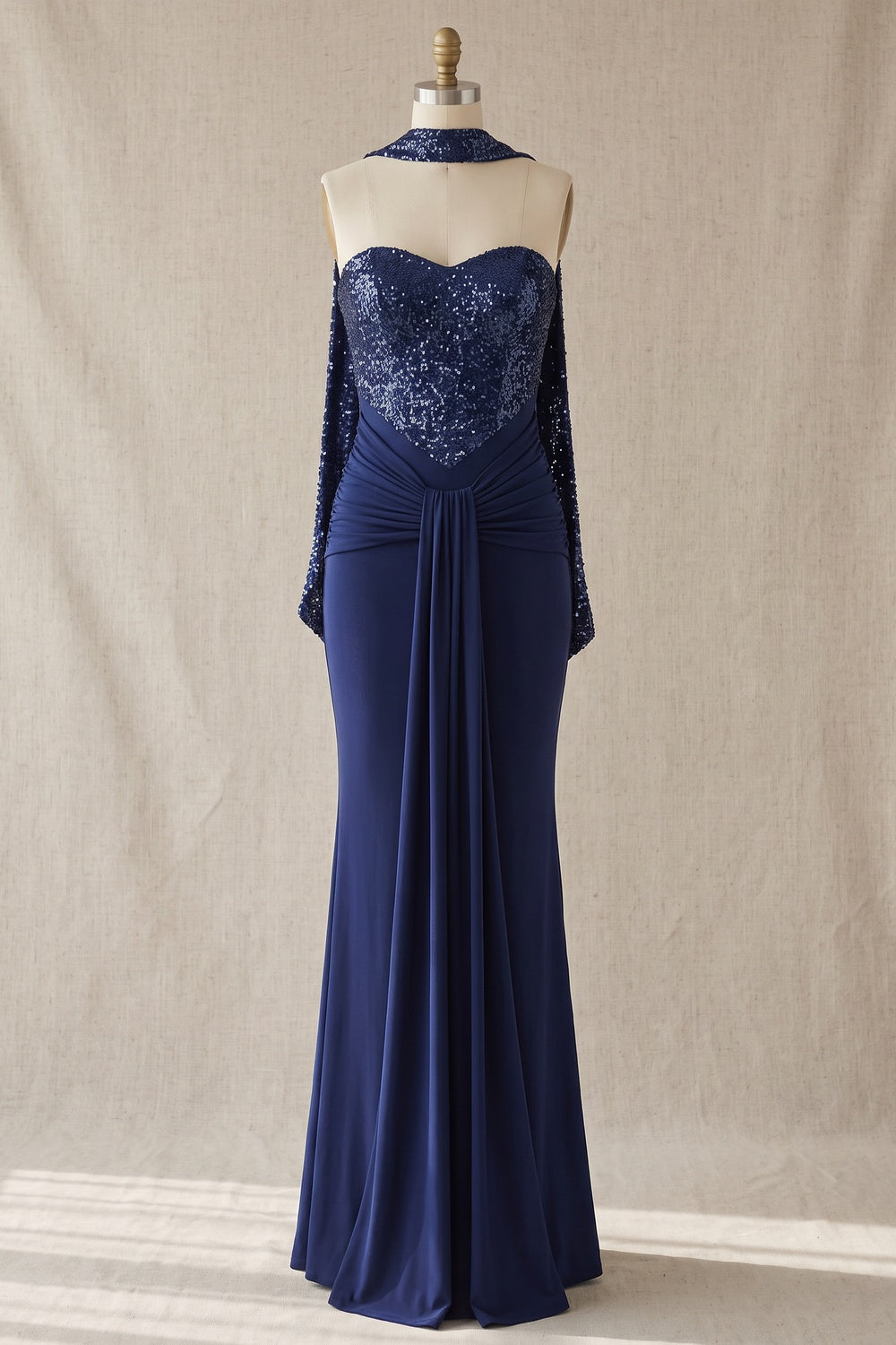 Navy Sequin Mermaid Evening Gown, Halter Choker Formal Maxi Dress Flowering Girl
