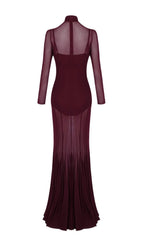 Kassie Wine Mesh Long Sleeve Maxi Dress Flowering Girl
