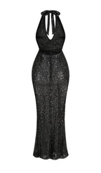 Brennen Black Halter Sequin Backless Maxi Dress Flowering Girl