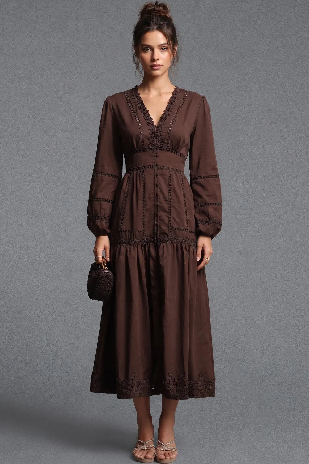 Chocolate Brown Cotton A-Line Tiered Midi Dress with Lace Inserts Flowering Girl