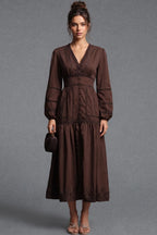 Chocolate Brown Cotton A-Line Tiered Midi Dress with Lace Inserts Flowering Girl