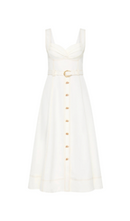 Sweetheart Neckline Belted Midi Dress In Ivory Flowering Girl