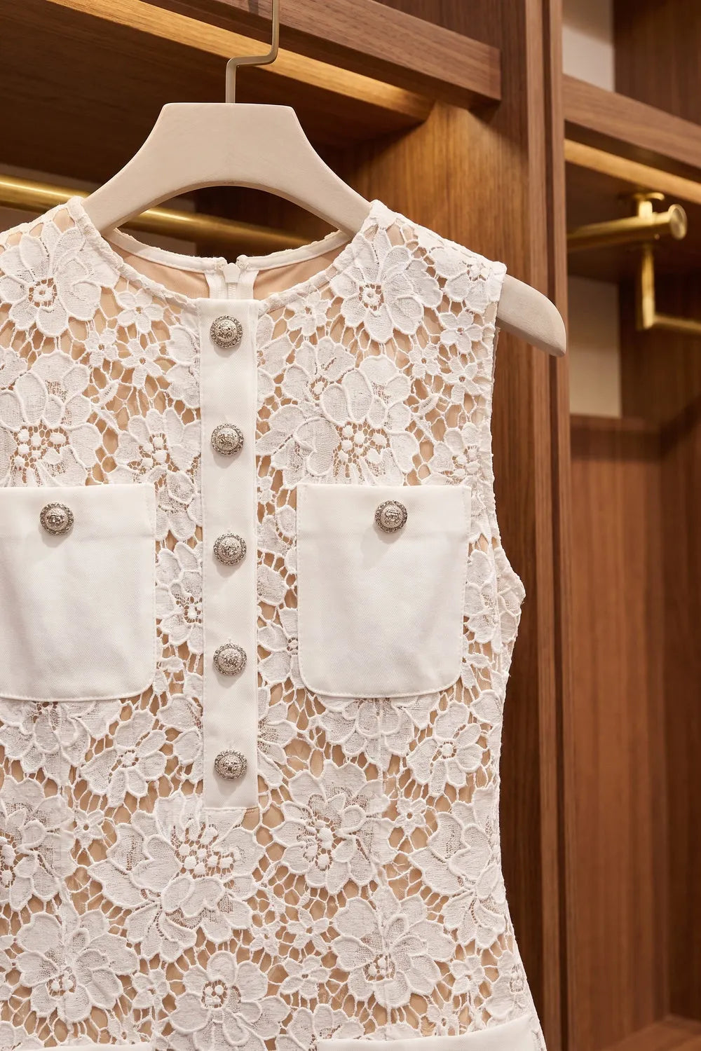 White Floral Lace Shift Dress with Button Pockets Flowering Girl