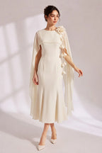 Cape Sleeve 3D Floral Chiffon Midi Mermaid Dress Flowering Girl