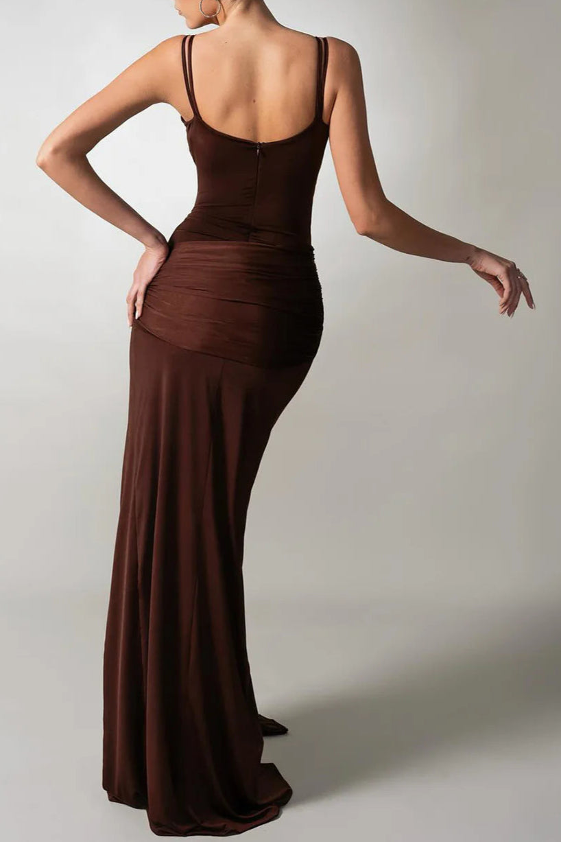 Pleated Strappy Draped Slit Maxi Dress In Brown Flowering Girl