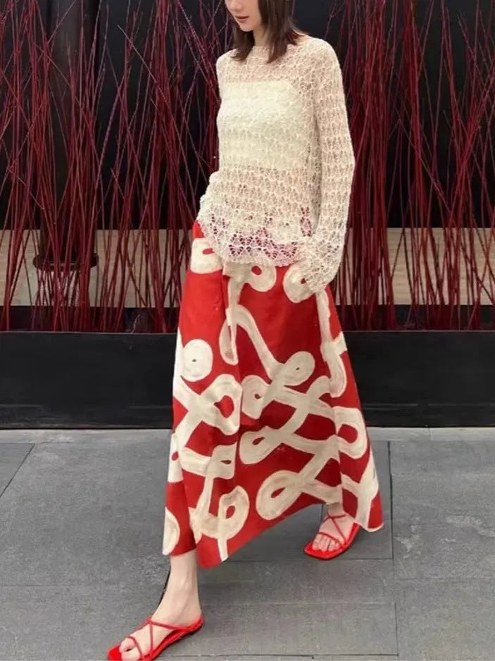 Red A-Line Hand-Painted Printed Skirt Flowering Girl