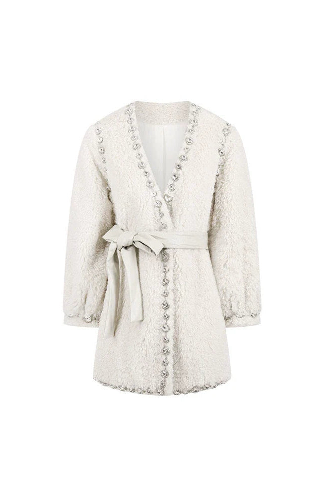 Beige V-Neck Long Sleeve Diamond Stud Coat Flowering Girl
