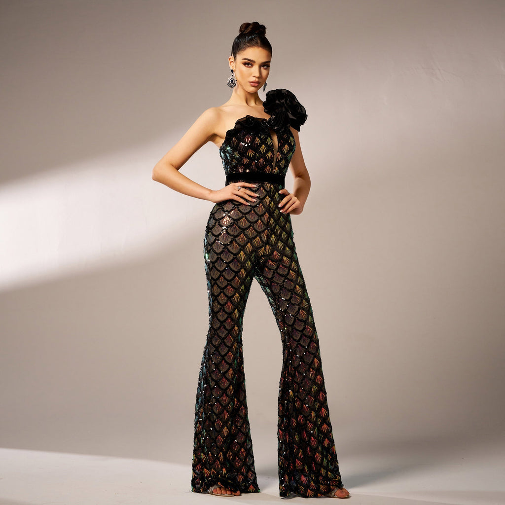 Mermaid Scale Floral One-Shoulder Sequin Jumpsuit Flowering Girl