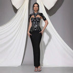 Sibyl Black Shawl-Embellished Diamond Bandage Maxi Dress Flowering Girl