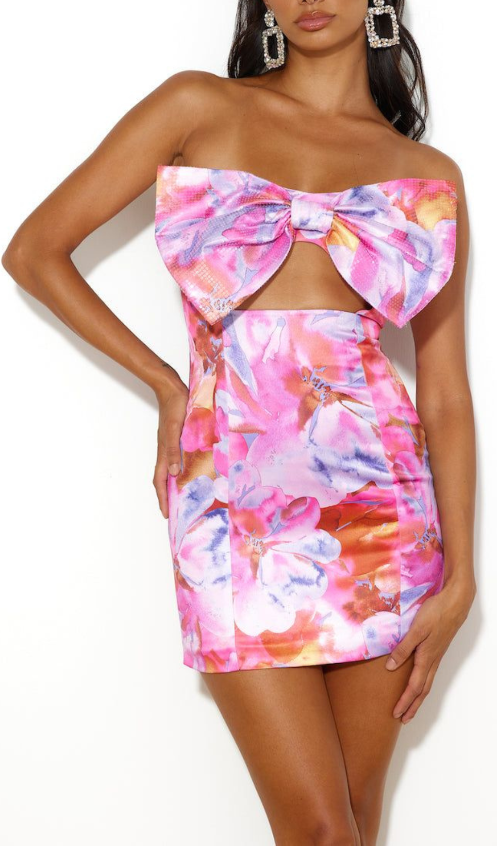 Strapless Large Bow Decorated Printed Hip Mini Dress Flowering Girl