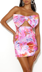 Strapless Large Bow Decorated Printed Hip Mini Dress Flowering Girl
