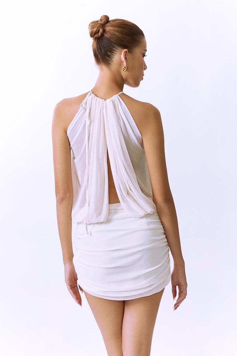 Cheryl Ruched Halter Bodycon Mini Dress In White Flowering Girl