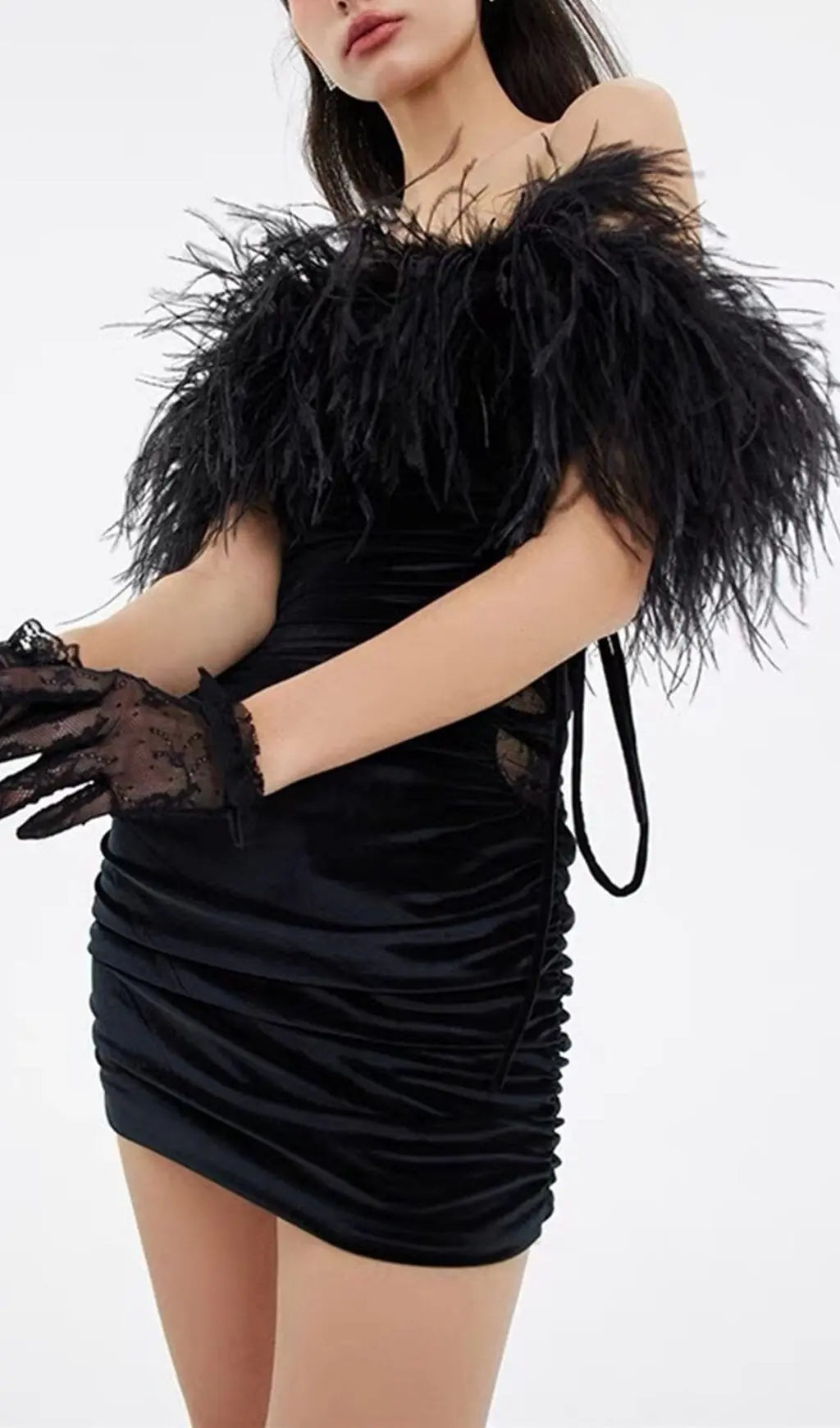 Velvet Off-Shoulder Feather Mini Dress In Black Flowering Girl