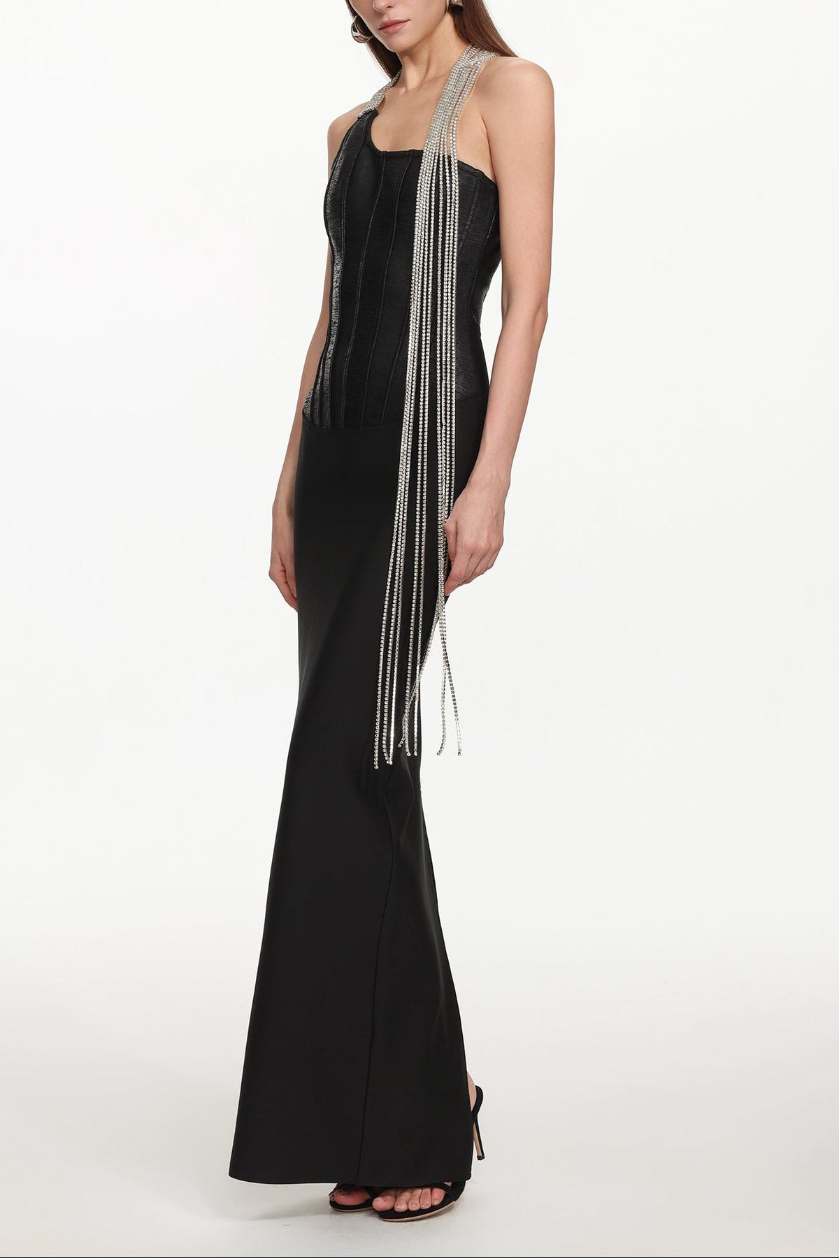 Fero One Shoulder Metal Fringe Bandage Maxi Dress Flowering Girl