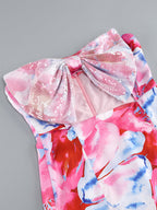 Strapless Large Bow Decorated Printed Hip Mini Dress Flowering Girl