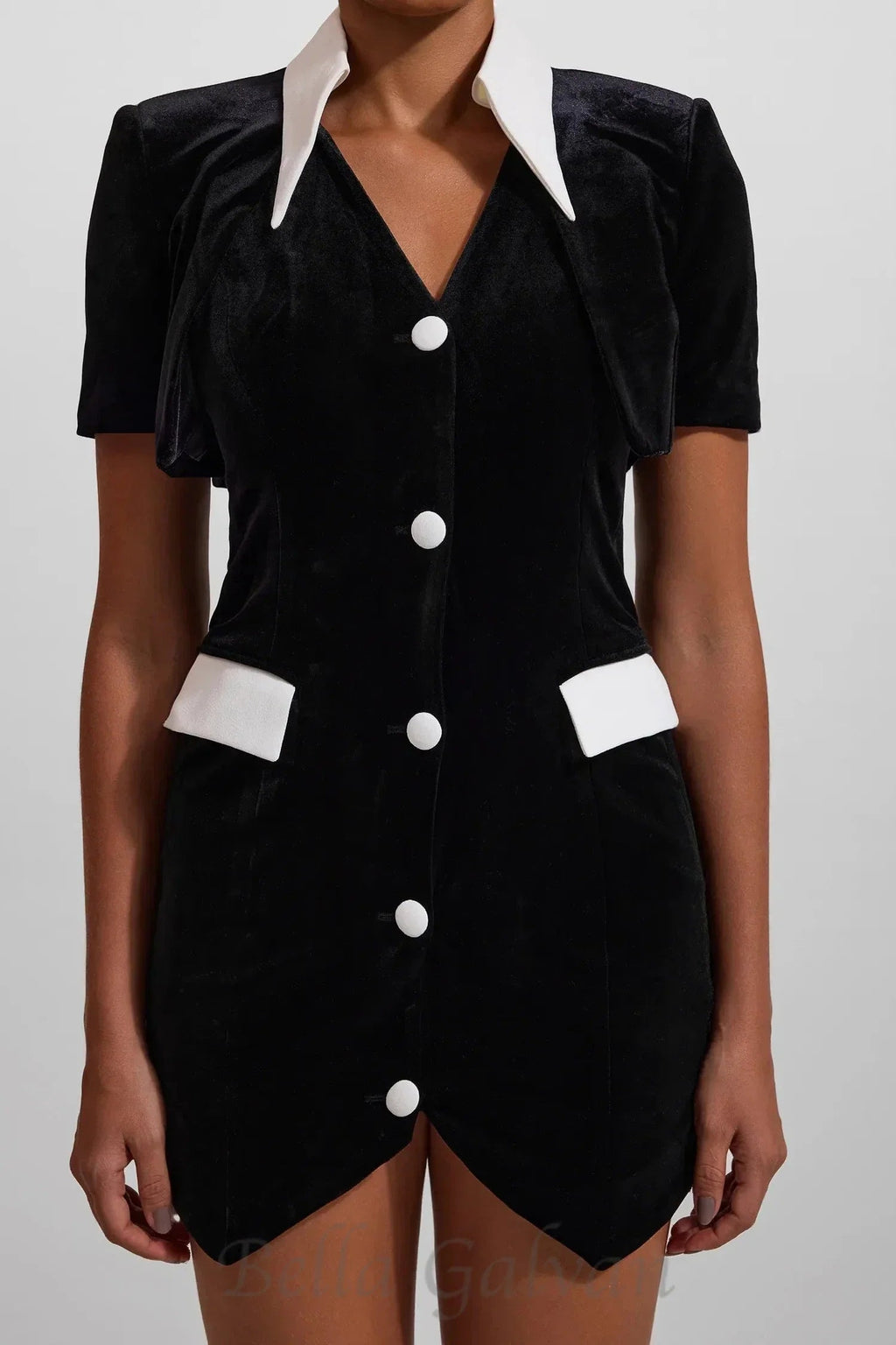 Velvet Button Short Sleeve Mini Dress in black Flowering Girl