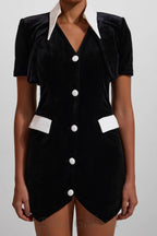 Velvet Button Short Sleeve Mini Dress in black Flowering Girl