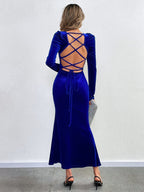 Blue Bodycon Long-Sleeved Velvet Fishtail Maxi Dress Flowering Girl