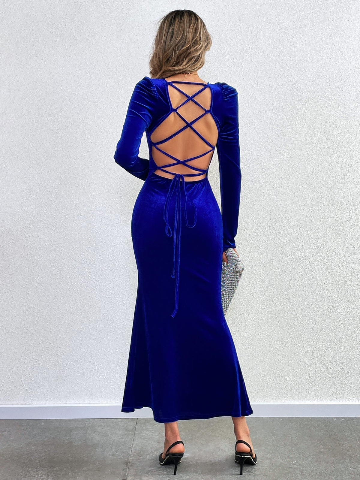 Blue Bodycon Long-Sleeved Velvet Fishtail Maxi Dress Flowering Girl