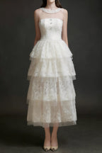 Alison Mesh Stitching Layer Dress In White Flowering Girl