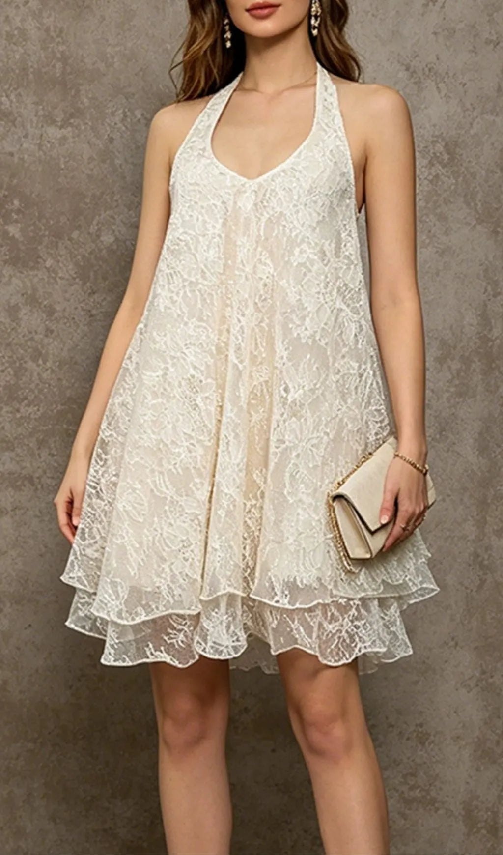 Leontine Halter Lace Backless Mini Dress Flowering Girl
