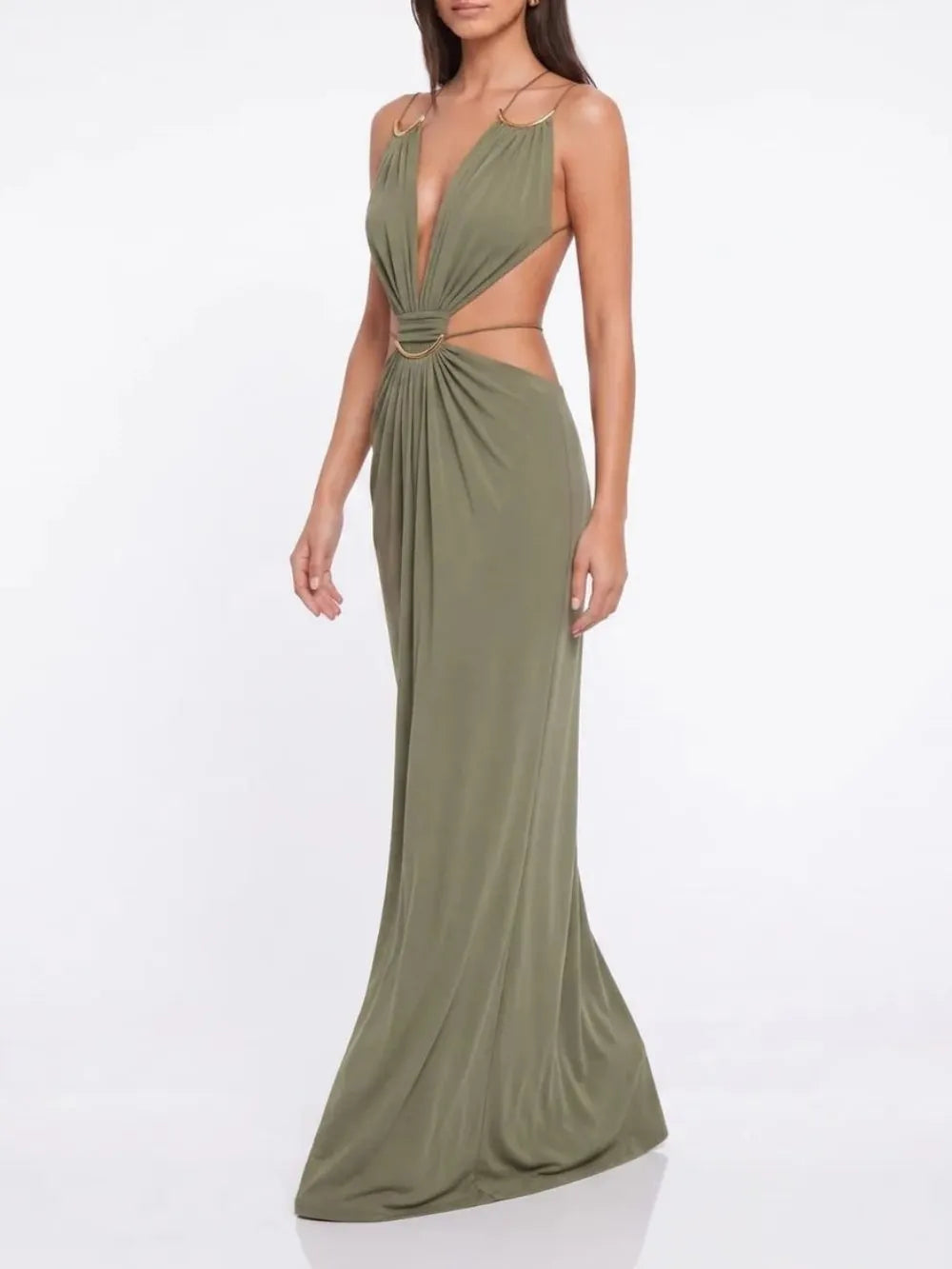 Lorysa Backless Cutout Maxi Dress In Matcha Flowering Girl