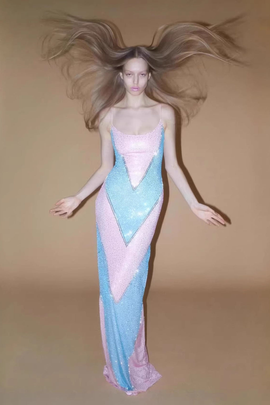 Simona Fully Rhinestoned Bodycon Maxi Dress - Blue & Pink Flowering Girl